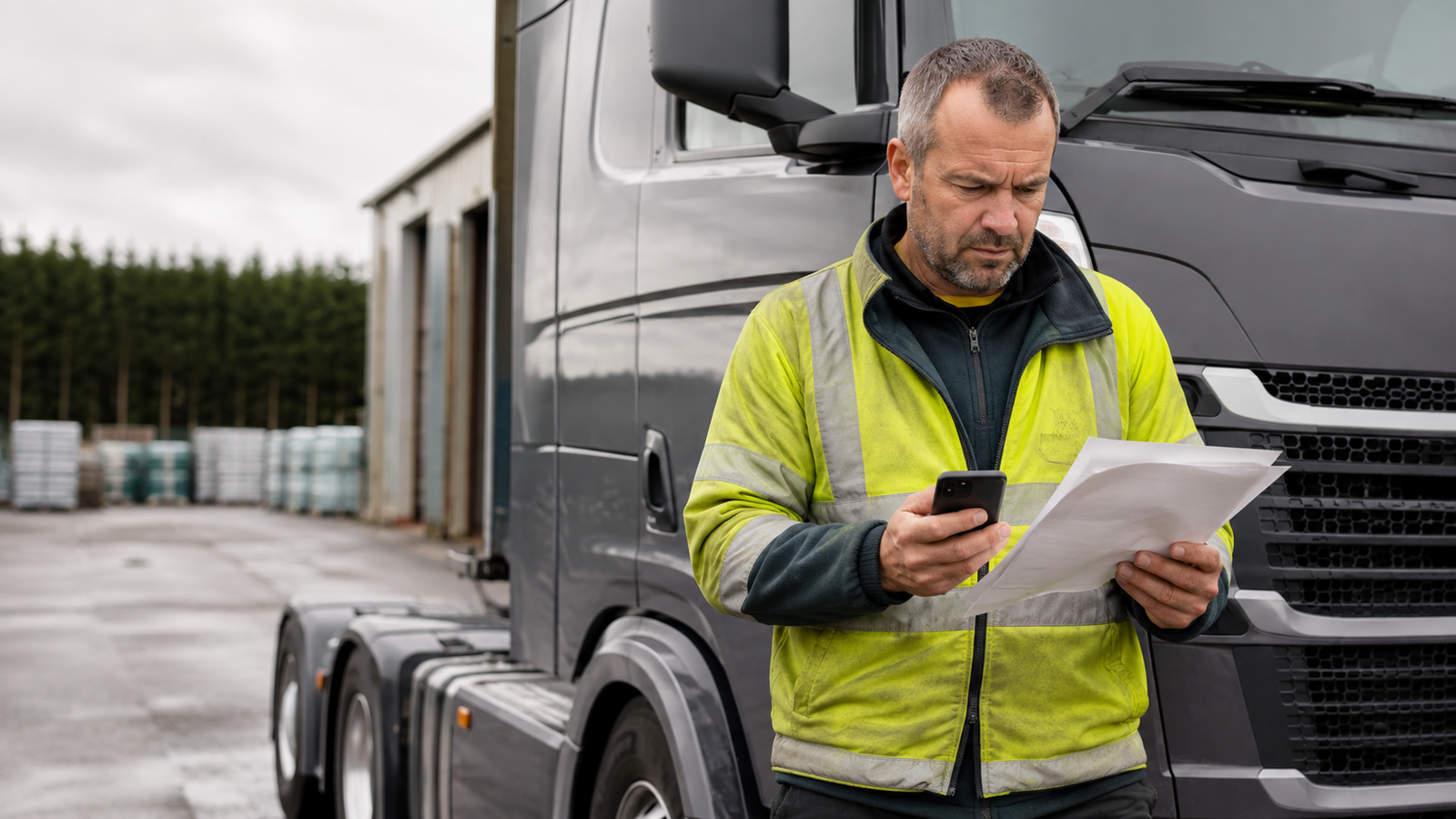 Stressed UK lorry driver reviewing paperwork while looking for business cash flow funding